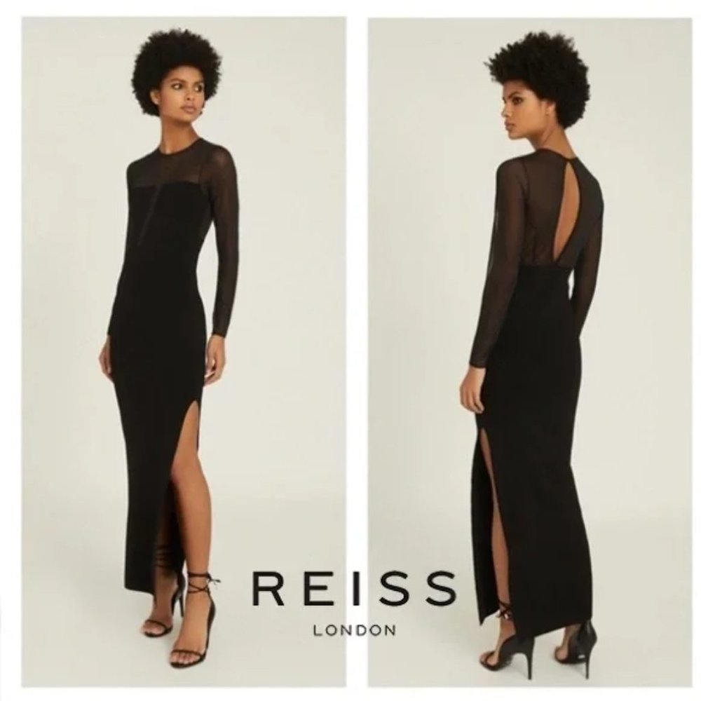 REISS Sabrina Mesh Side Plunge Neck Sheer Slit Maxi Dress S